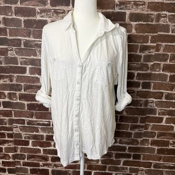 Womens Attention Long Sleeve White Button Up Blouse 3/4 Roll Up Sleeve Large - Picture 1 of 11